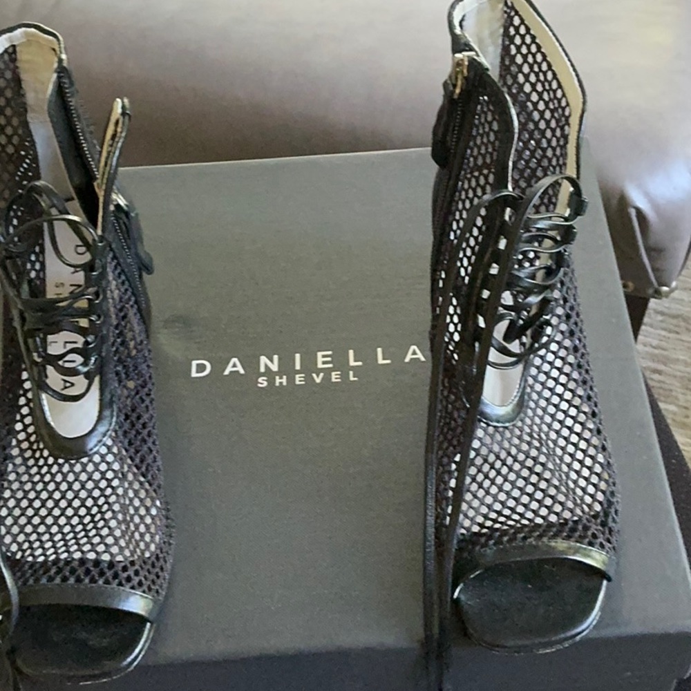 Danielle Shevel Black Lace Up Boots High Heel Elegance